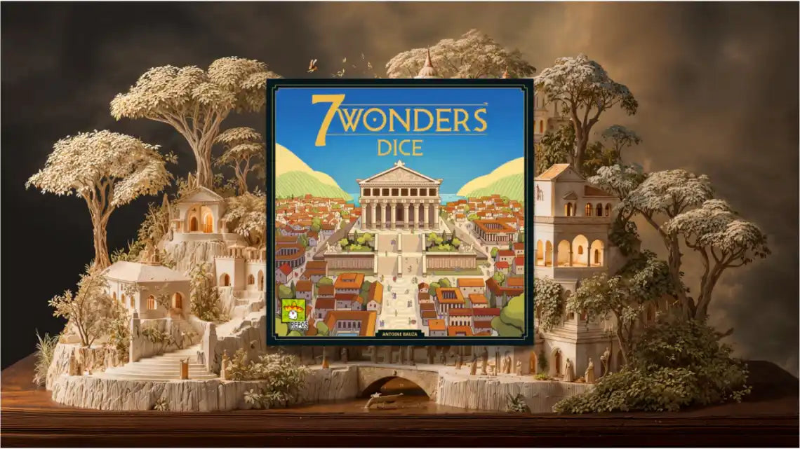 Boîte du jeu de dés 7 merveilles avec un design d'architecture grecque antique.