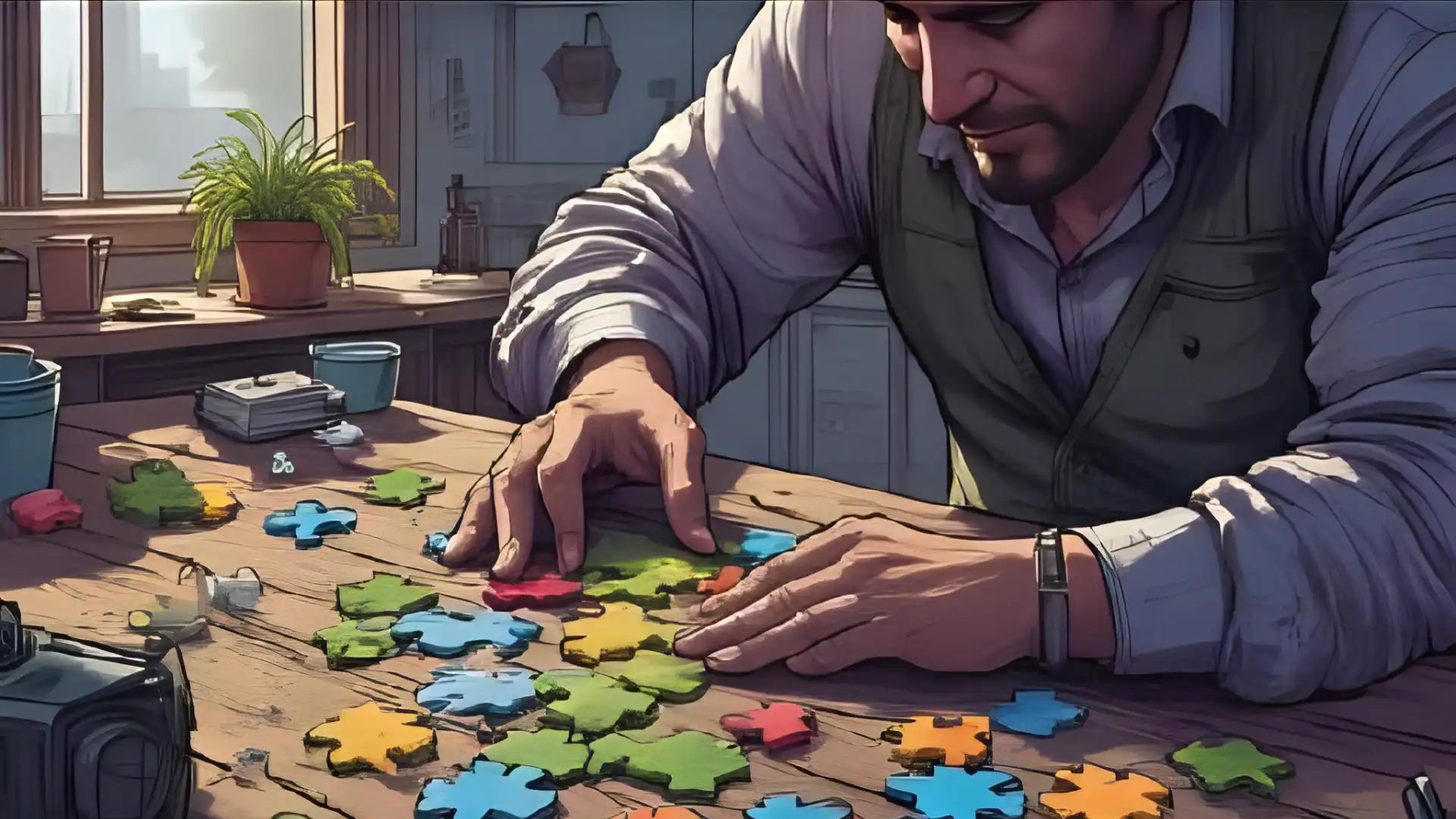 Pièces de puzzle multicolores sur une table en bois, l'image montre une collection de pièces de puzzle colorées dispersées sur la surface de ce qui semble être une table en bois rustique de couleur claire.