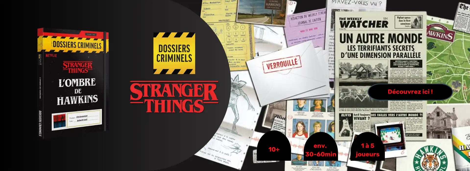 Dossier 'Stranger Things' en noir et blanc avec divers documents, photos et cartes.