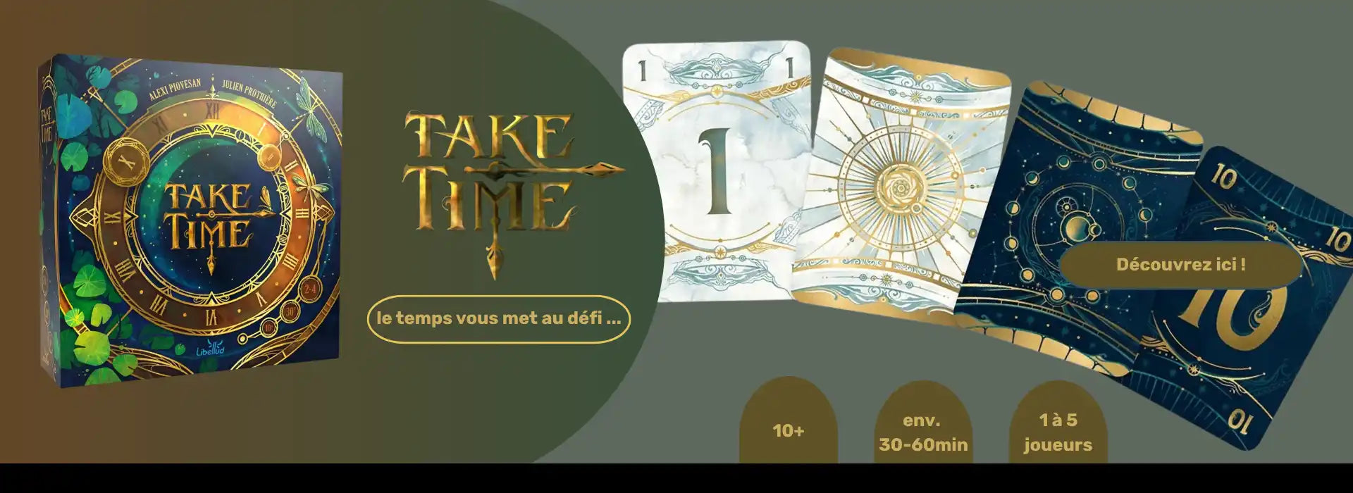 Boîte de jeu de société sur le thème de l'horloge dorée et bleue avec un design complexe.