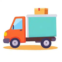 Camion de livraison orange et teal avec des cartons à l'arrière.